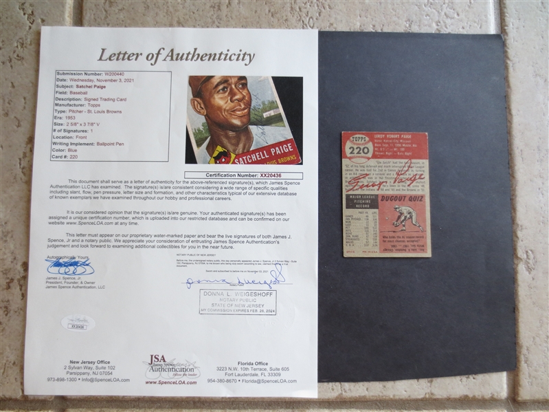 Autographed Satchell Paige 1953 Topps Baseball Card with Letter of Authenticity from JSA Jimmy Spence  WOW!