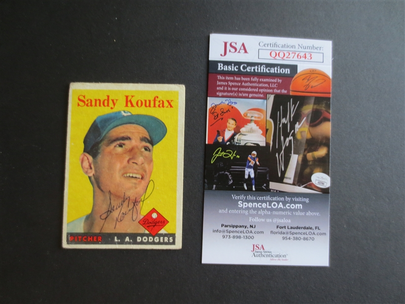 Autographed Sandy Koufax 1958 Topps baseball card with autograph authenticated by JSA