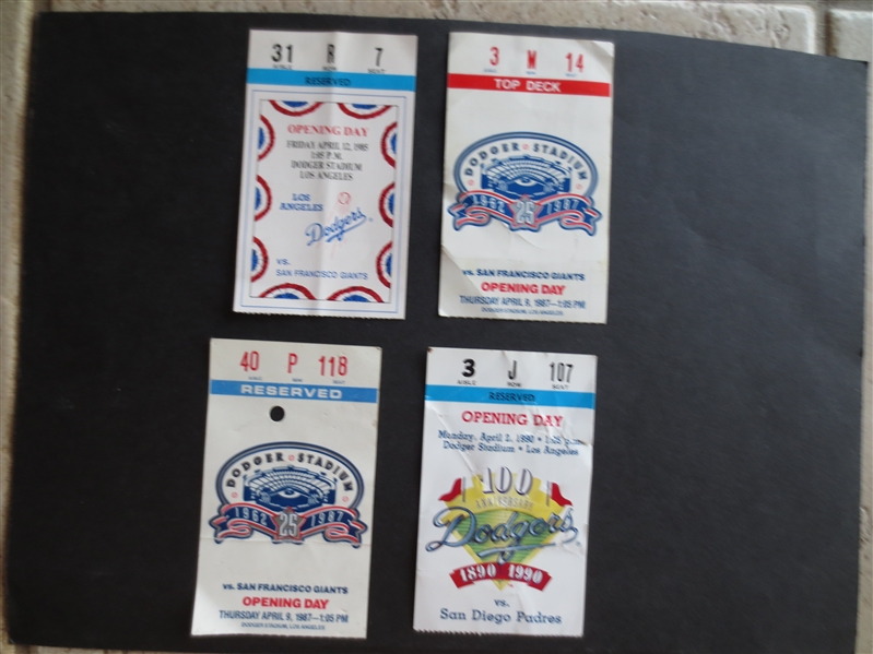 (4) Los Angeles Dodgers Opening Day Baseball Tickets from 1985, 87, 87, and 90