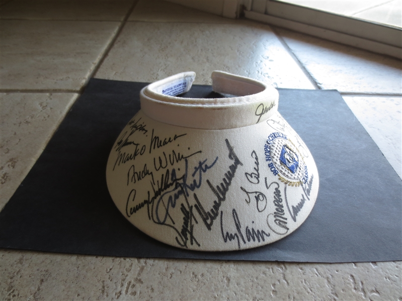 Autographed 1995 Bob Hope Chrysler Golf Classic Visor with 16 signatures including Arnold Palmer and Mark OMeara