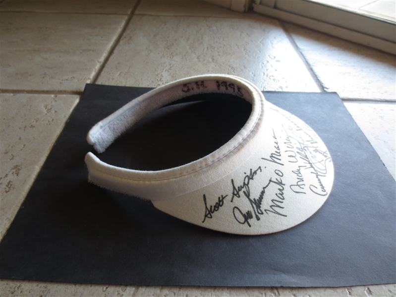 Autographed 1995 Bob Hope Chrysler Golf Classic Visor with 16 signatures including Arnold Palmer and Mark OMeara