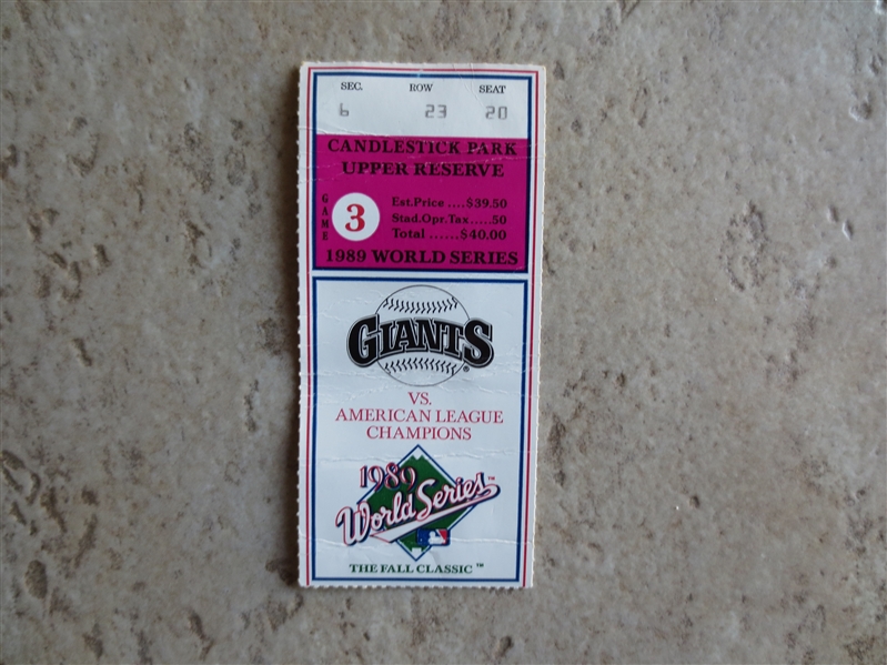 1989 World Series Game 3 Earthquake Baseball Ticket Oakland A's at San Francisco Giants