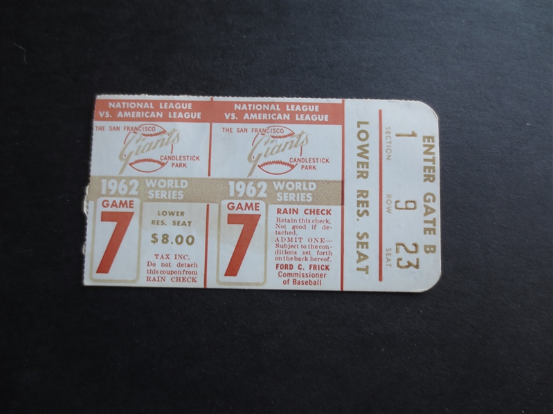 1962 World Series Game 7 Ticket Yankees win the World Series