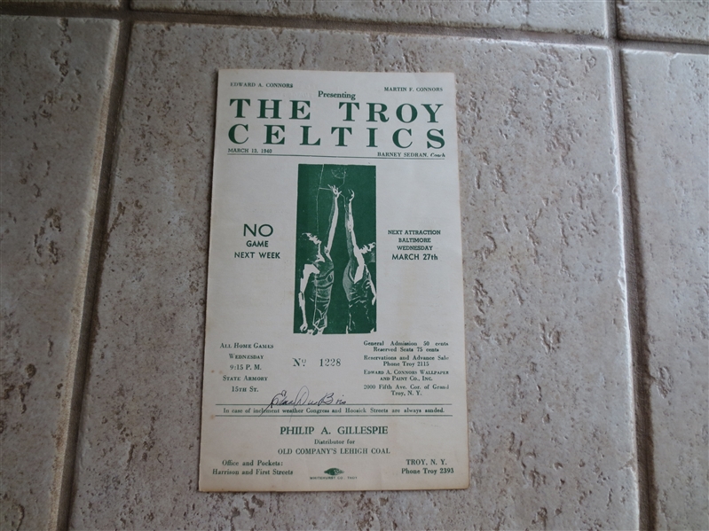 1940 Washington Brewers at Troy Celtics ABL Scored PLAYOFF Basketball Program  RARE!