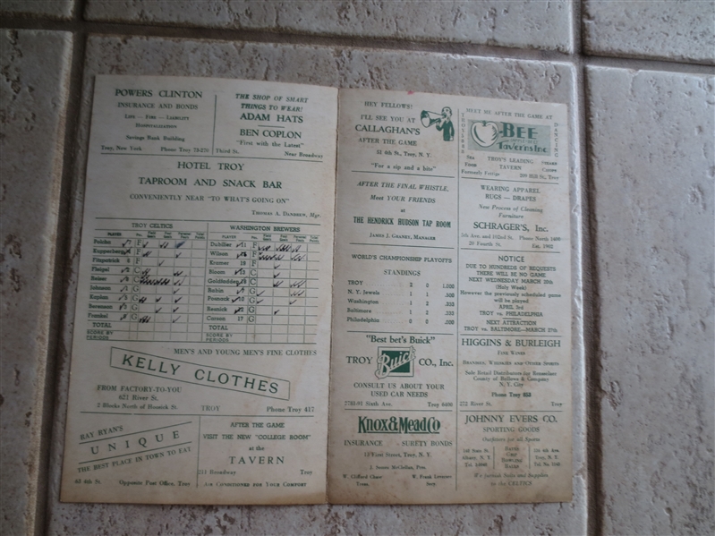 1940 Washington Brewers at Troy Celtics ABL Scored PLAYOFF Basketball Program  RARE!