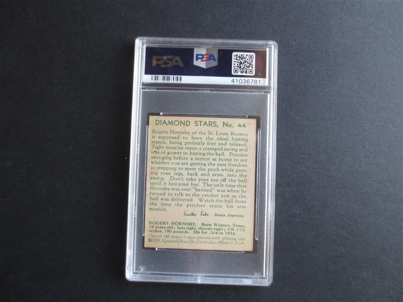 1935 Diamond Stars Rogers Hornsby PSA 7 Near Mint Baseball Card #44 with no qualifiers Hall of Famer