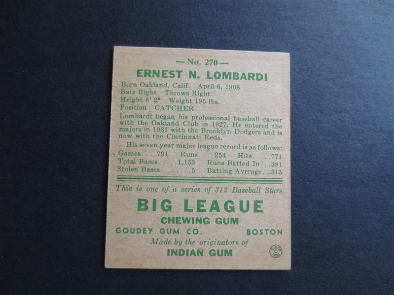 1938 Goudey Ernie Lombardi Baseball Card in Beautiful Condition #270 Hall of Famer