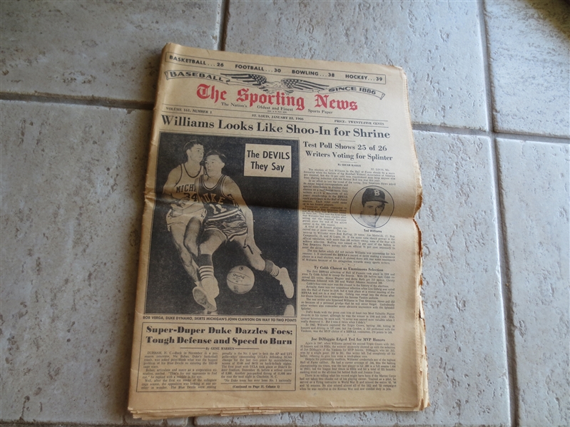 January 22, 1966 Issue of the Sporting News Ted Williams a formality for Hall of Fame/Duke basketball