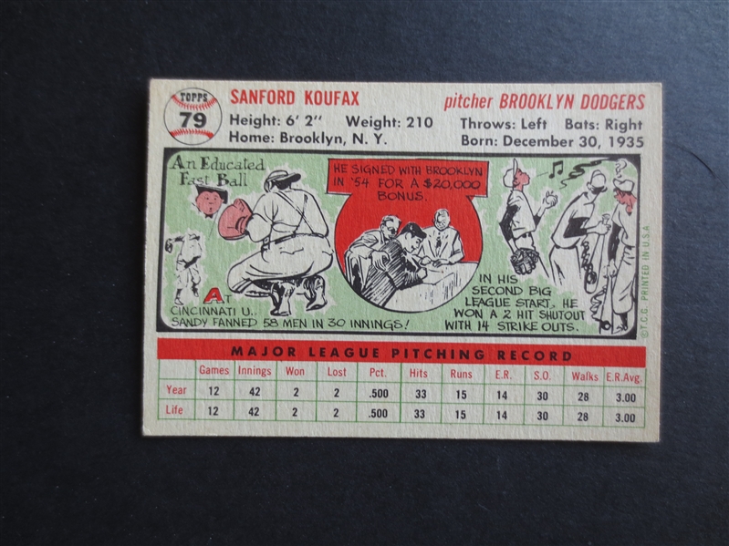 1956 Topps Sandy Koufax Baseball Card in Very Nice Shape! 