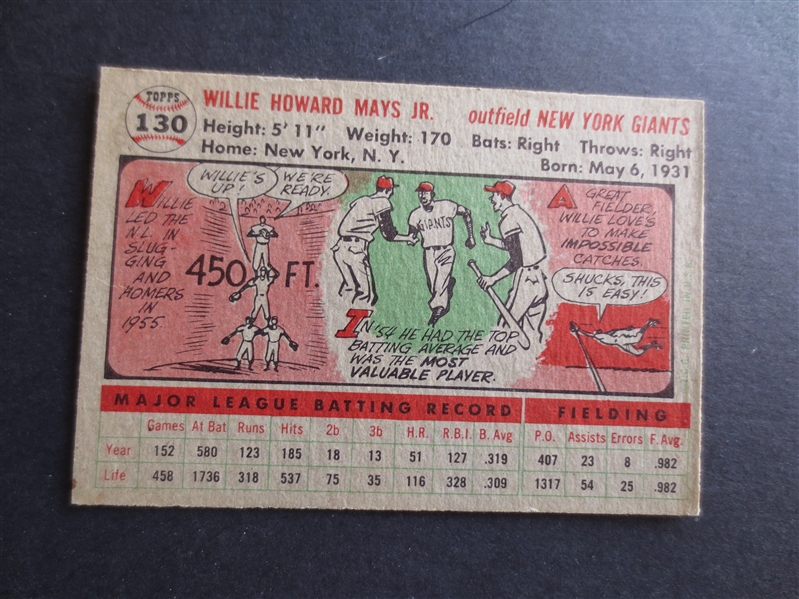 1956 Topps Willie Mays Baseball Card in Beautiful Condition #130
