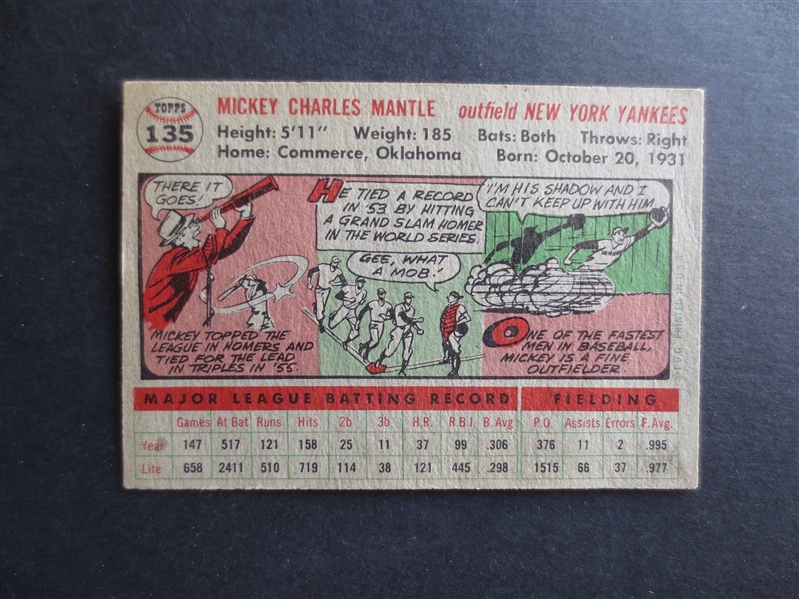 1956 Topps Mickey Mantle Baseball Card in Beautiful Condition #135 but light crease on back