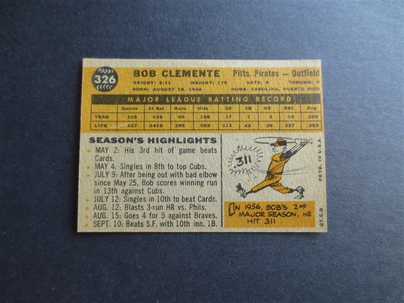 1960 Topps Bob Clemente Baseball Card in Beautiful Condition  #326