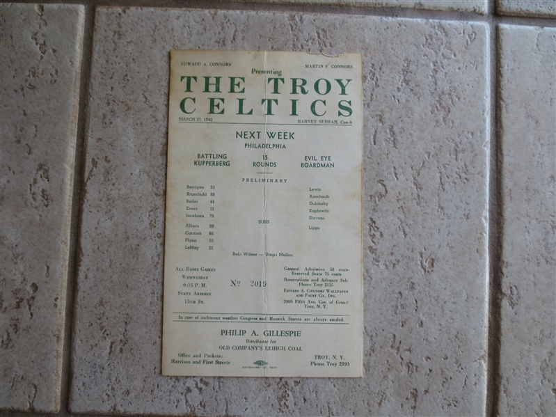 1940 Baltimore Clippers at Troy Celtics ABL Pro Basketball Playoff Unscored Program