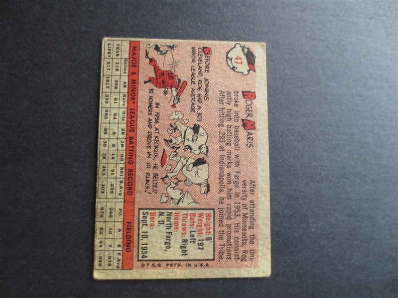 1958 Topps Roger Maris Rookie Baseball Card #47 in affordable  condition!     ss