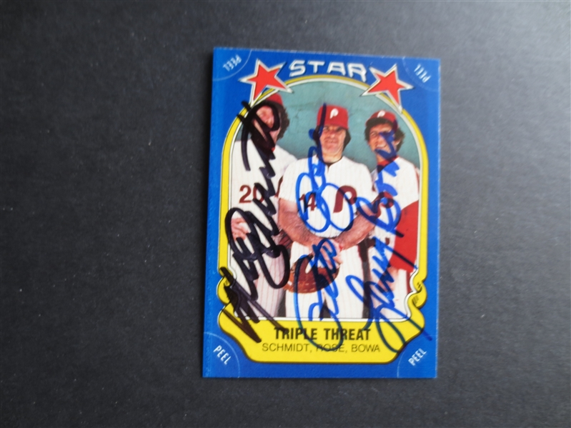 Autographed 1981 Fleer Baseball Card with Signatures of Schmidt, Rose, and Bowa 