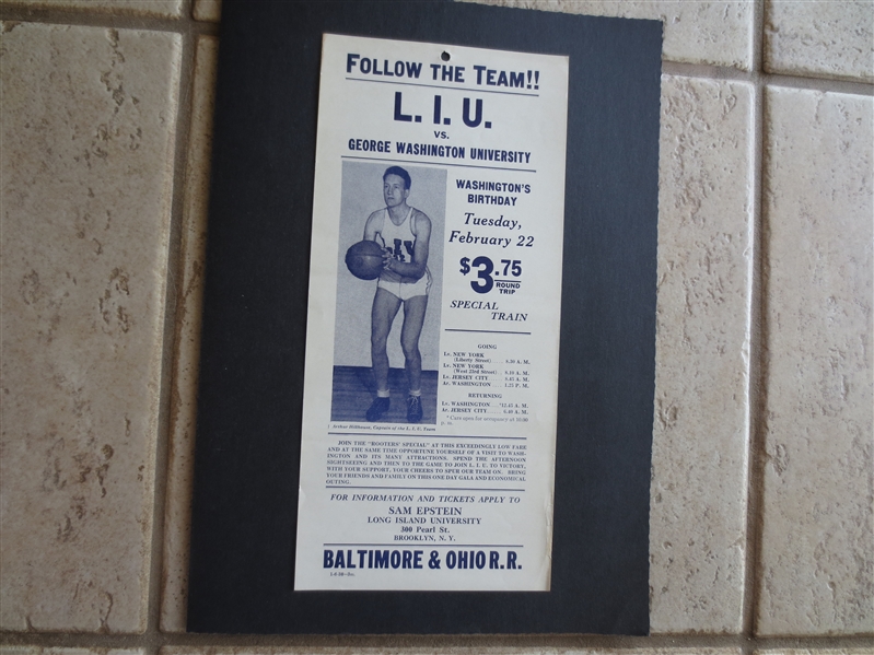1938 L.I.U. vs. George Washington University Basketball Handbill Picturing Art Hillhouse Philadelphia Sphas, Philadelphia Warriors