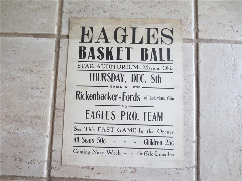 Circa 1940 Detroit Eagles NBL Pro Basketball Broadside RARE!  14x 11