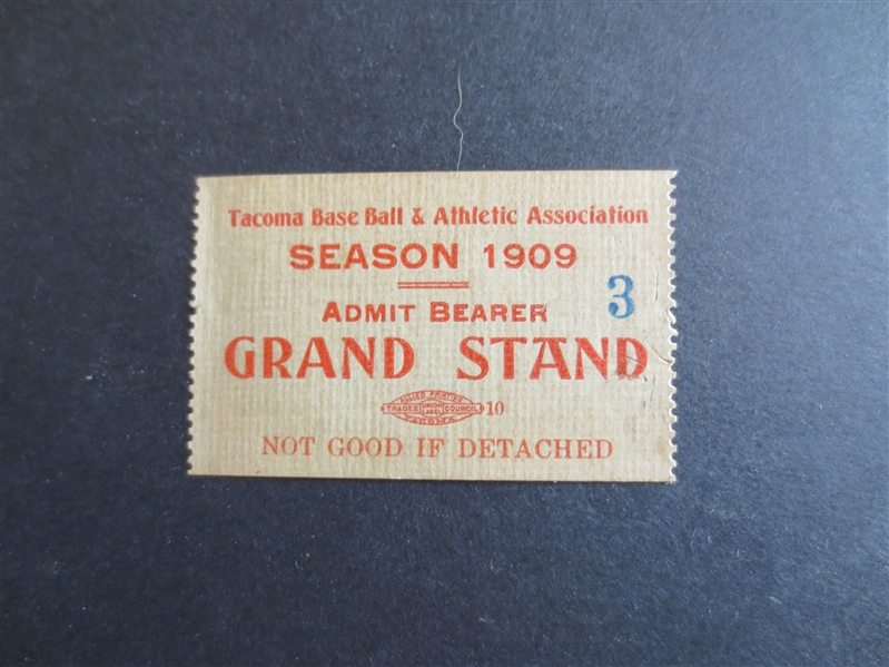 1909 Tacoma, WA  Northwestern League Baseball Season Ticket