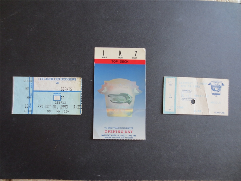 (6) different 1991-93 Los Angeles Dodgers Tickets including Opening Days, Pre-season, and Barry Bonds home runs