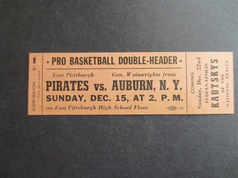 1939 Pittsburgh Pirates NBL Pro Basketball Ticket  RARE!