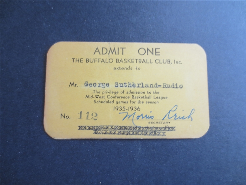 1935-36 Buffalo Bisons Midwest Conference Pro Basketball League Season Ticket RARE!