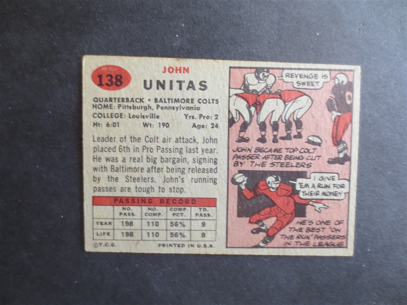 1957 Topps Johnny Unitas Rookie Football Card in Very Nice Shape #138