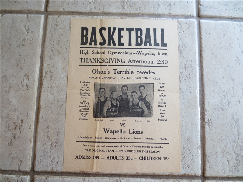 1932-33 Olson's Terrible Swedes World's Champion Traveling Basketball Club vs. Wapello Lions Handbill RARE!