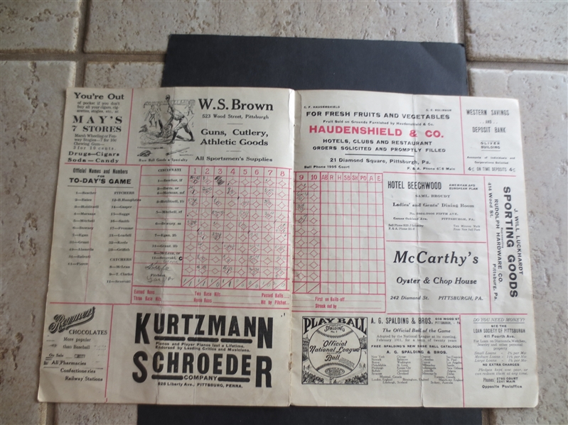 1911 Cincinnati Reds at Pittsburgh Pirates Scored Baseball Program with Players Pictured (Honus Wagner's picture is the T206 Photo)