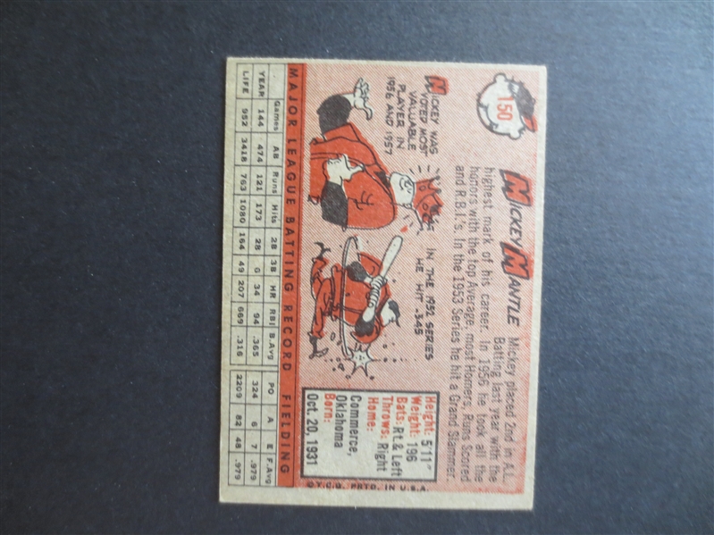 1958 Topps Mickey Mantle Baseball Card in great shape #150