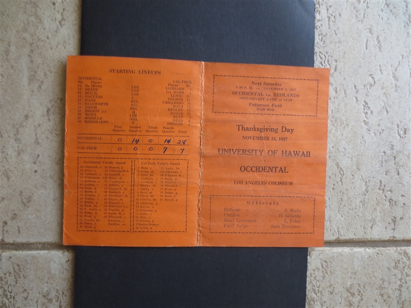 1927 Occidental vs. Cal-tech Scored Football Program at Patterson Field