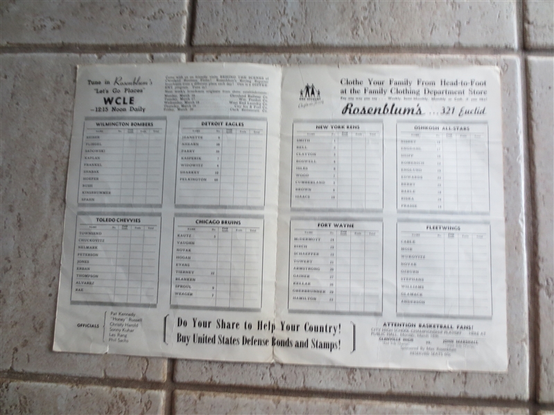 1942 Cleveland Auditorium Pro Basketball Tournament Program  New York Rens, Oshkosh, Ft. Wayne, Chicago Bruins