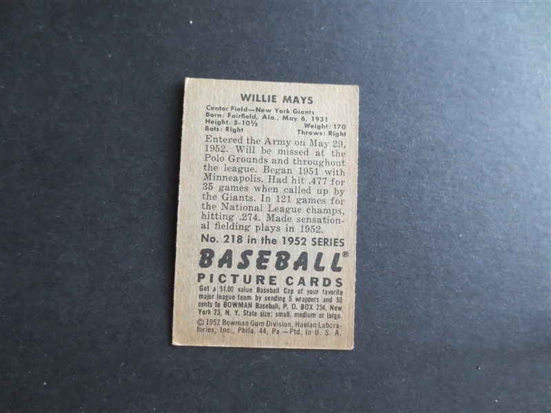 1952 Bowman Willie Mays Baseball Card #218 in Very Nice Shape!