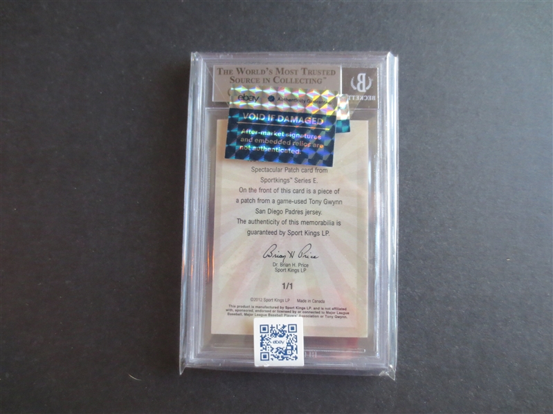 2012 Sportkings Spectacular Patch Tony Gwynn Beckett 9 MINT 1 of 1 Baseball Card  WOW!