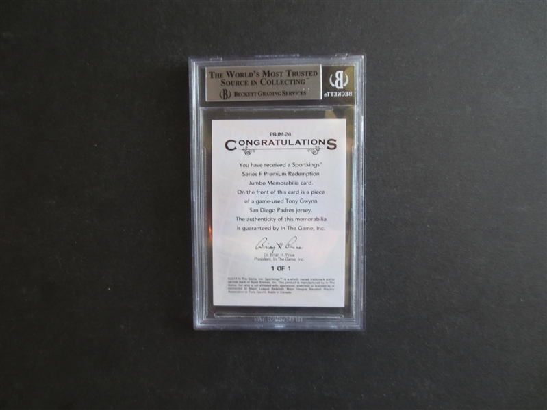 2013 Sportkings Premium Redemption Jumbo Memorabilia Tony Gwynn Beckett 9 MINT 1 of 1  WOW!