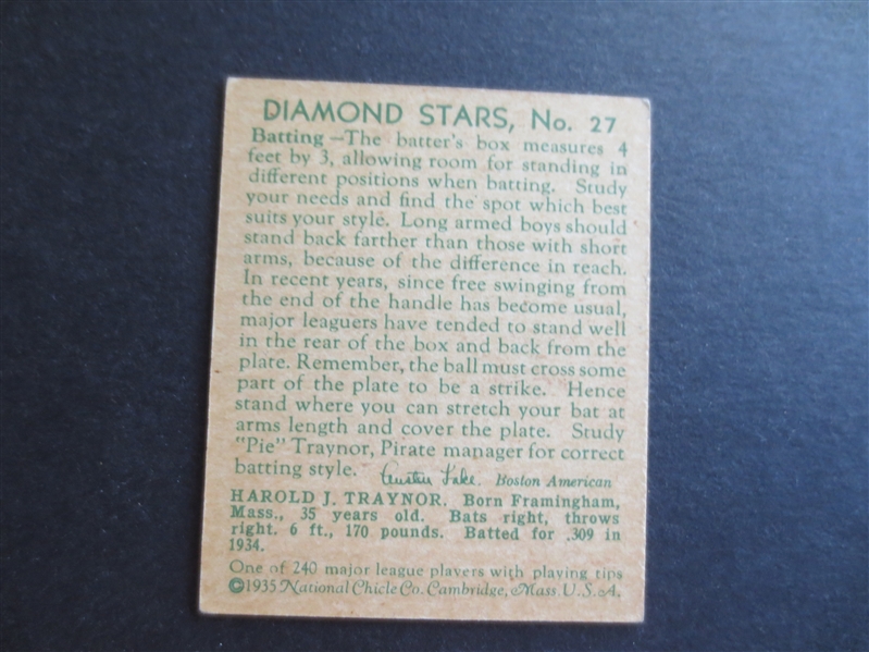 1934-36 Diamond Stars Pie Traynor Baseball Card #27 in Great Shape!  Hall of Famer
