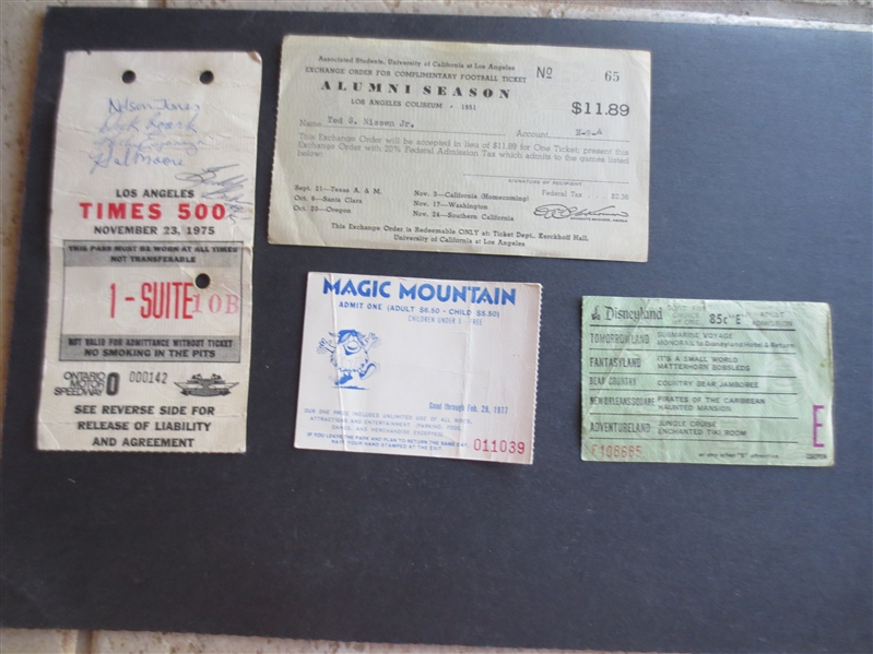 (4) different Neat Tickets: 1951 UCLA Football Season Ticket, 1975 LA Times 500 Racing Ticket with autographs , Disneyland E ticket, Magic Mountain