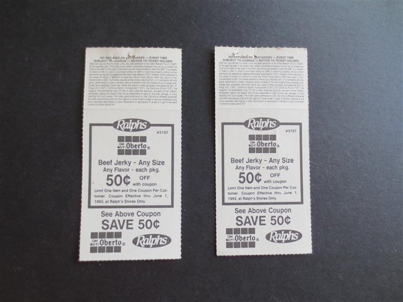 (2) January 15, 1992 tickets for Charlotte Hornets at Los Angeles Lakers Game