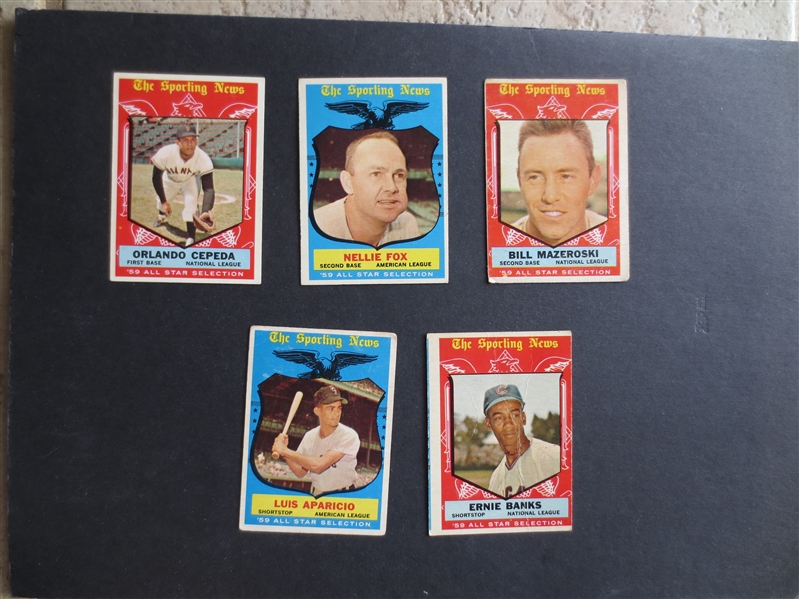 (5) different 1959 Topps Sporting News All Star Baseball Cards in assorted conditions including Ernie Banks                                     A