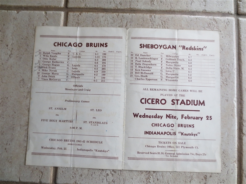 February 18, 1942 Sheboygan Redskins at Chicago Bruins NBL Pro Basketball Program    RARE!