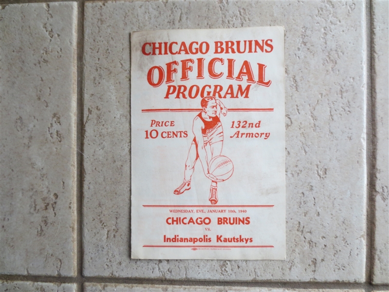 January 10, 1940 Indianapolis Kautskys at Chicago Bruins NBL Pro Basketball Program  RARE!