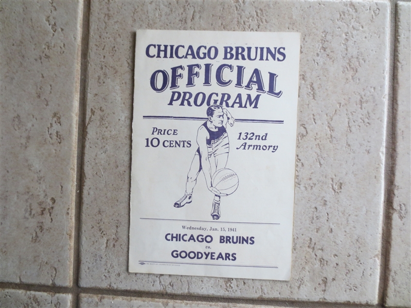 January 15, 1941 Akron Goodyears at Chicago Bruins NBL Pro Basketball Program  RARE!