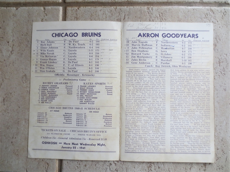 January 15, 1941 Akron Goodyears at Chicago Bruins NBL Pro Basketball Program  RARE!