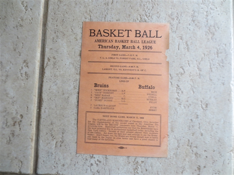 March 4, 1926 Chicago Bruins vs. Buffalo Bisons 1st Year ABL Pro Basketball Program Scorecard with Promoter Notes  VERY RARE!