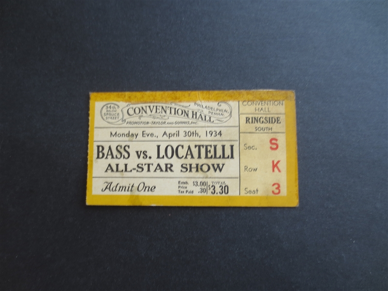 April 30, 1934 Boxing Ticket Benny Bass Jewish Champ vs. Locatelli All Star Show at Philadelphia Convention Hall
