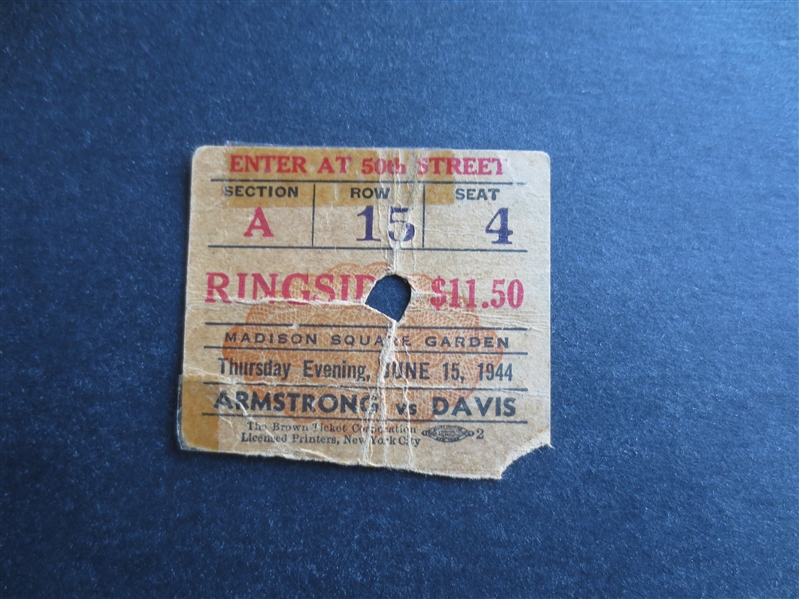 1944 Al Bummy Davis (Jewish) vs. Henry Armstrong Boxing Ticket---Murdered, Jewish Mafia