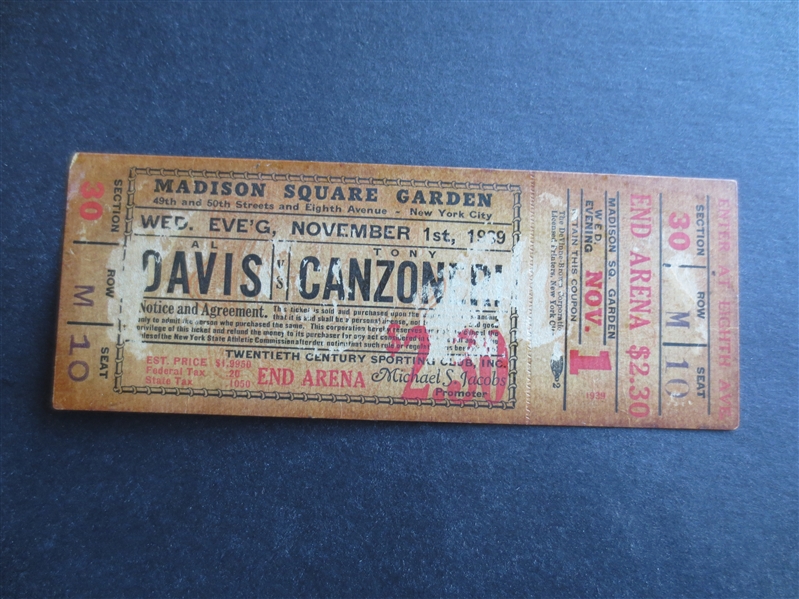 1939 Al Bummy Davis (Jewish) vs. Tony Canzonini Full Boxing Ticket at MSG ---Murder and Jewish Mafia