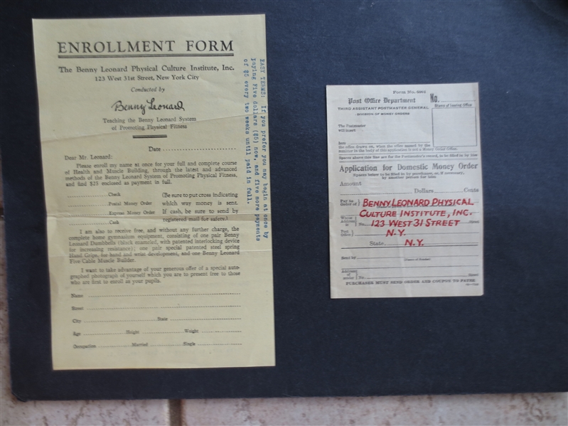 1920's Benny Leonard Boxing School Enrollment Forms---Jewish Hall of Famer  RARE!