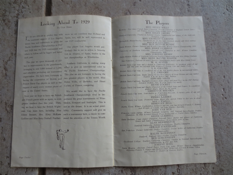 1928 Pacific-Southwest Tennis Championship Program Helen Wills Cover