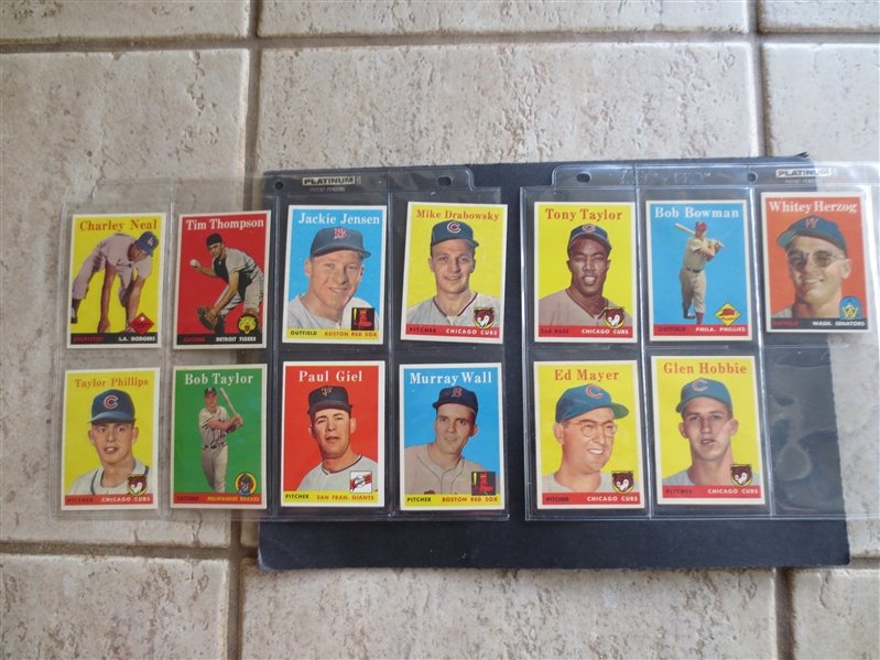 (13) different 1958 Topps Baseball Cards including Jackie Jenson MVP and Whitey Herzog Baseball Cards in Great Shape!