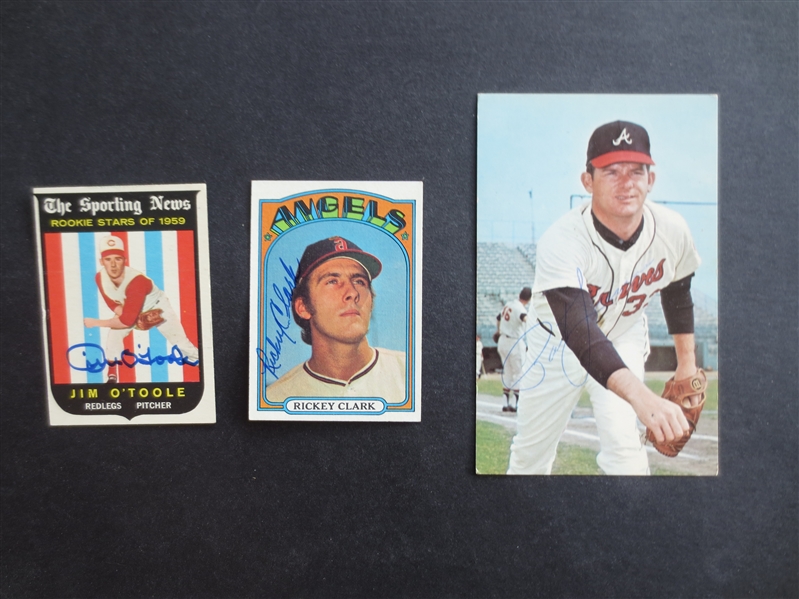 (3) different Autographed Baseball Cards: 1959 Topps Jim O'toole, 1968 Dexter Press Pat Jarvis, and 1972 Topps Rickey Clark